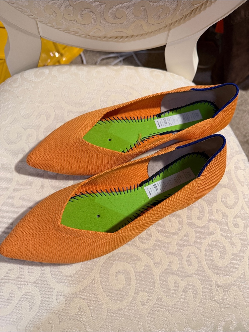 Rothy's Orange Pointed Knit Flats with Green Insole